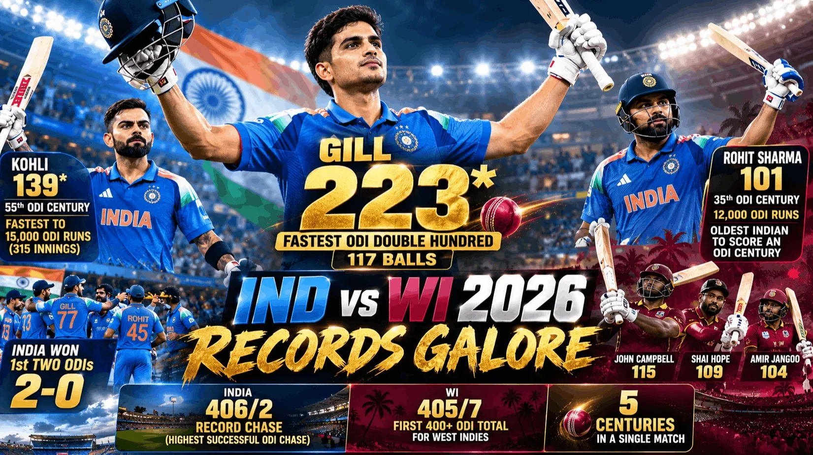 IND vs WI 2026 Records: All Milestones from Kohli’s 15,000 to Gill’s 223 – Full Series List