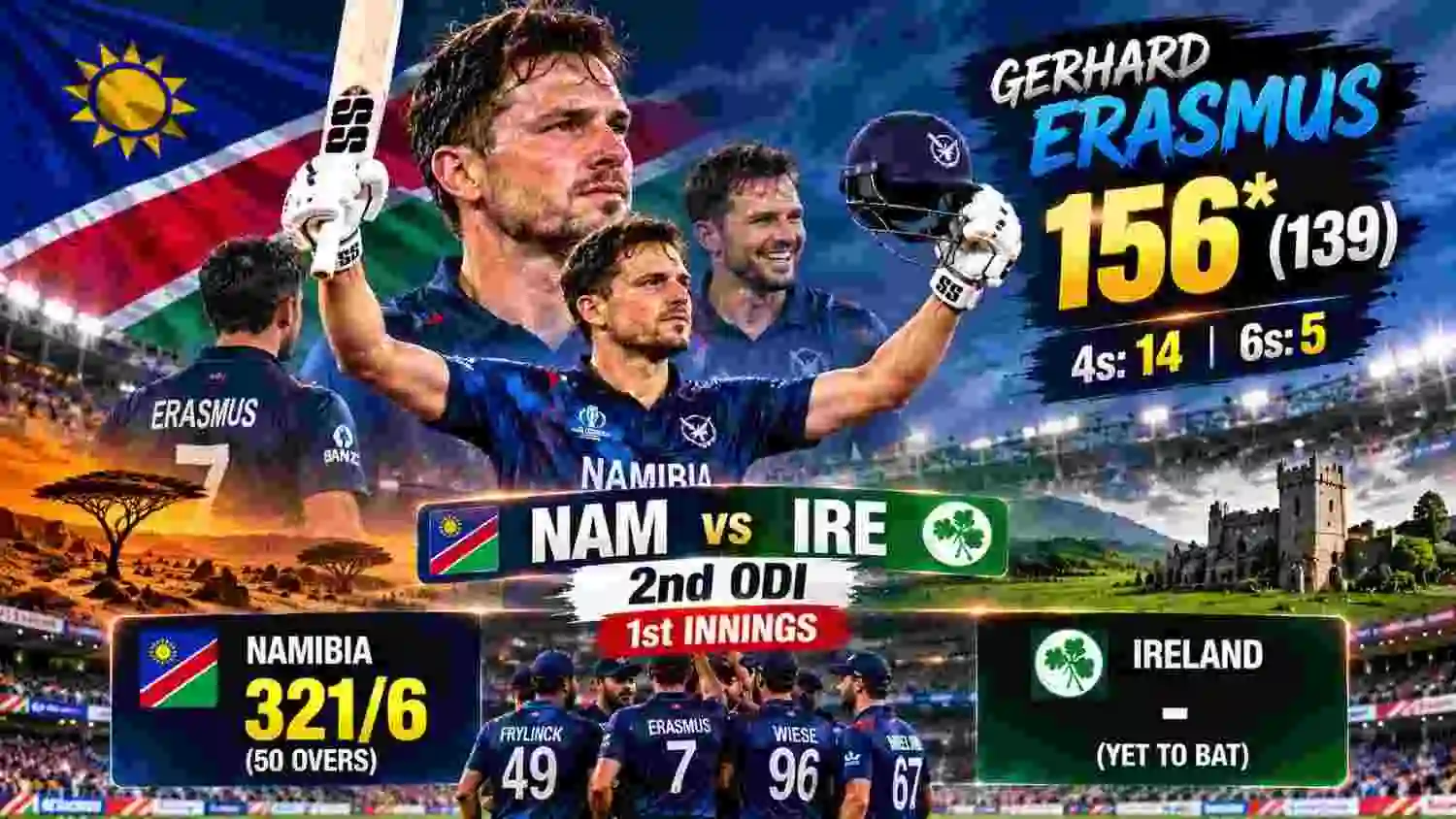 NAM vs IRE 2nd ODI 1st Innings Review: Gerhard Erasmus’ Record 156* Powers Namibia to 321/6