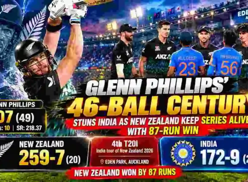 Glenn Phillips’ 46-Ball Century Stuns India as New Zealand Win by 87 Runs