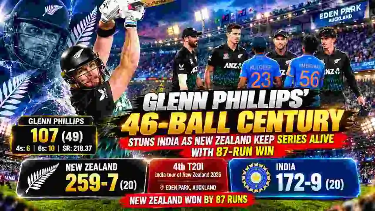 Glenn Phillips’ 46-Ball Century Stuns India as New Zealand Win by 87 Runs Glenn Phillips’ 46-Ball Century Stuns India as New Zealand Win by 87 Runs